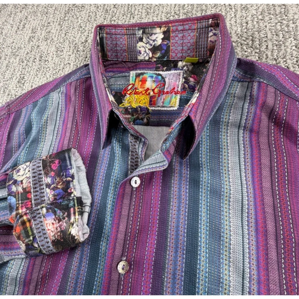 Robert Graham Button Down Mens Large Purple Striped Tailored Fit Floral Cuffs - Picture 1 of 9
